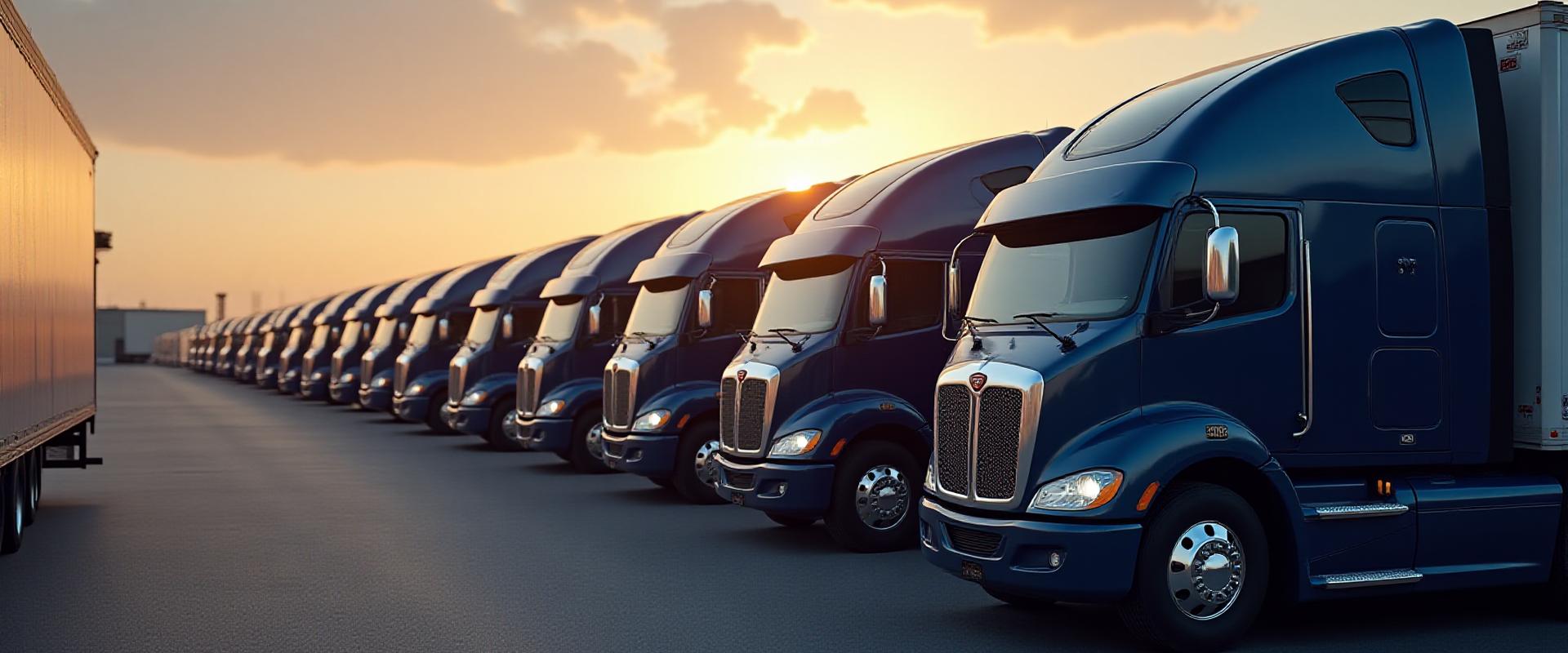 Fleet of modern Tukie Trucking heavy-duty trucks arranged in a strategic logistics formation