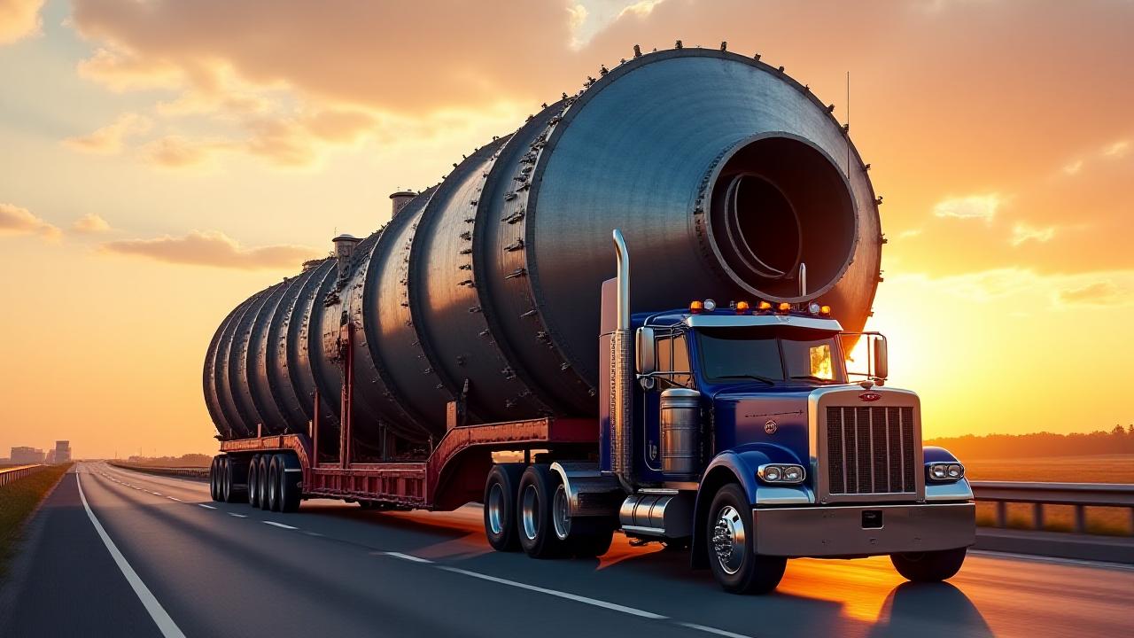 Oversized industrial machinery on a heavy-duty flatbed trailer